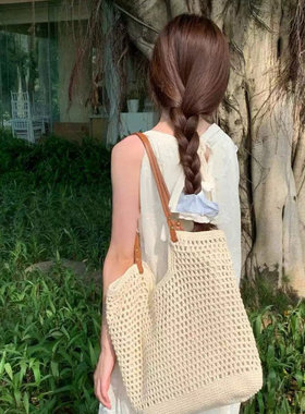2025新款大容量单肩棉线编织包镂空网纹通勤托特包海边度假沙滩包