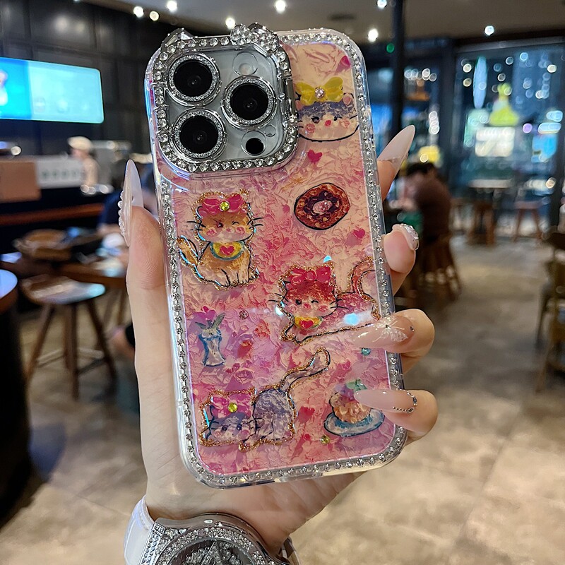 适用苹果系列iPhone 16新款手机壳15pro/14promax可爱油画草莓猫咪13/16promax猫咪一体支架钻框镜头膜保护套