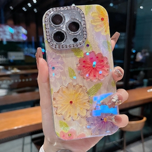 17新款 16promax全包满钻精孔镜框时尚 手机壳14pro 三色绿叶小花13pro 保护套 15proma个性 适用苹果系列iPhone