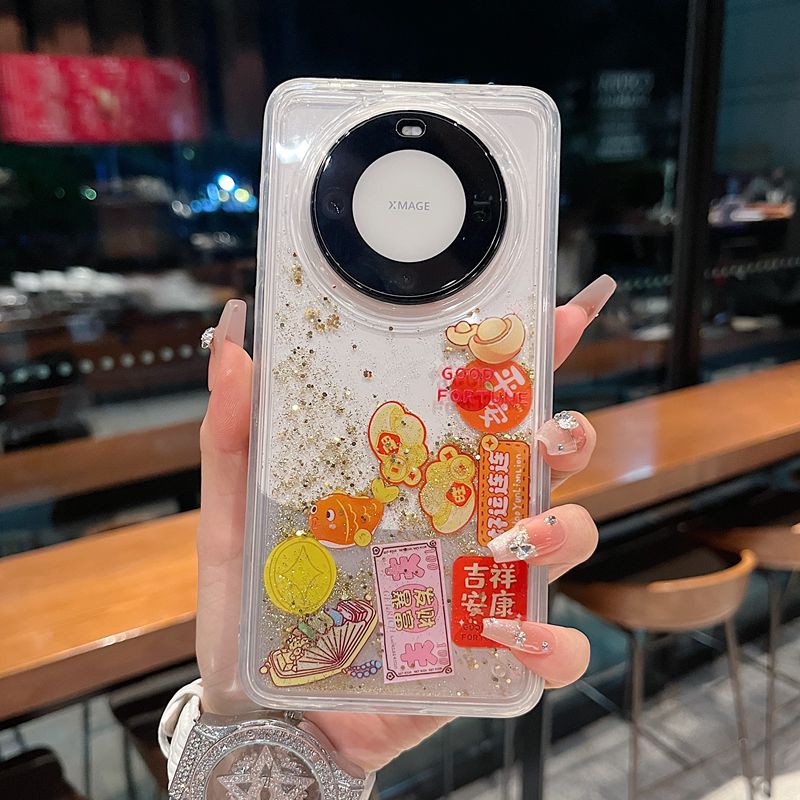 适用华为mate60系列苹果16promax网红手机壳P70/P70pro流动积木好运连连13pro/15pro透明大孔镜框新款保护套