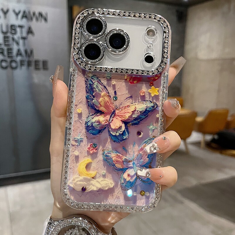 适用苹果系列iPhone17新款手机壳15pro16promax唯美彩色云朵星星13pro14promax扭边钻框闪钻镜头膜时尚保护套