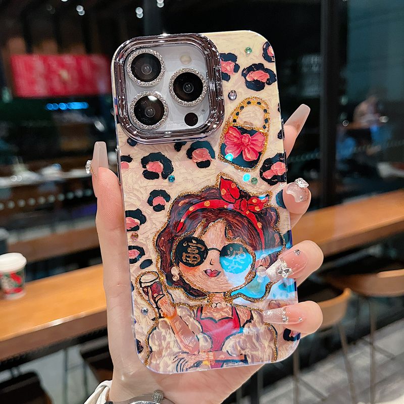 适用苹果系列iPhone16网红手机壳15promax大孔支架镜框升级款14promax16promax个时尚豹纹富婆新款女款保护套