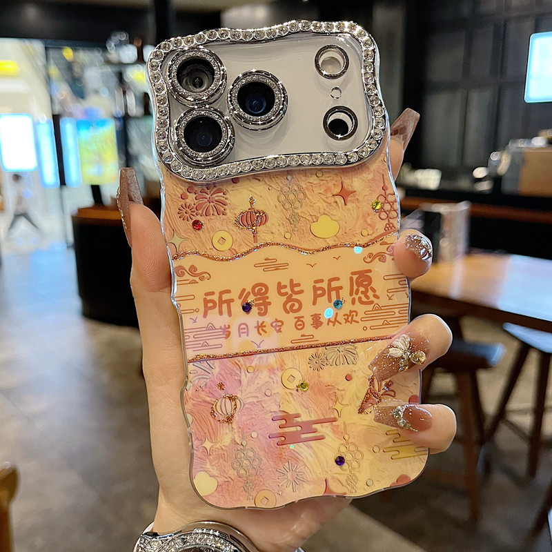 适用苹果系列iPhone17新款手机壳16promax14promax时尚文字福运满满15promax全包满钻精孔镜框扭边网红保护套