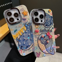 適用蘋(píng)果系列iPhone16網(wǎng)紅手機(jī)殼16promax可愛(ài)卡通復(fù)古油畫(huà)藍(lán)色鯨魚(yú)15promax半鉆鏡框14pro/13/12全包保護(hù)套