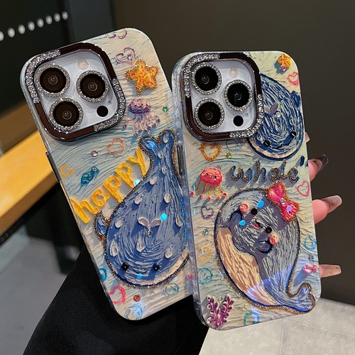 适用苹果系列iPhone16网红手机壳16promax可爱卡通复古油画蓝色鲸鱼15promax半钻镜框14pro/13/12全包保护套