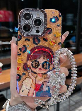 适用苹果系列iPhone16网红手机壳15promax/14promax发财女孩手链13pro16promax银灰色闪粉镜头支架新款保护套