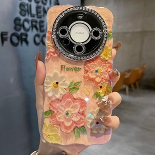 适用华为mate 手机壳Pura80唯美ins风flower粉底粉白油画花mate60全包满钻精孔镜框扭边保护套 70系列苹果新款