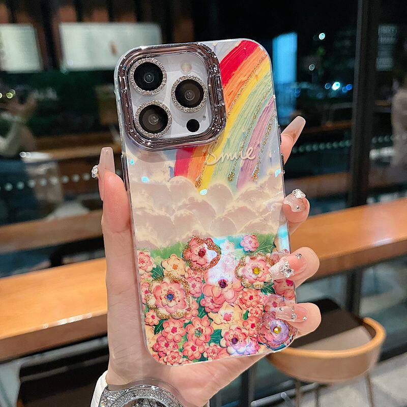适用苹果系列iPhone16ins风小众新款手机壳15promax大孔支架镜框升级款14pro/13pro油画彩虹花海女款保护套