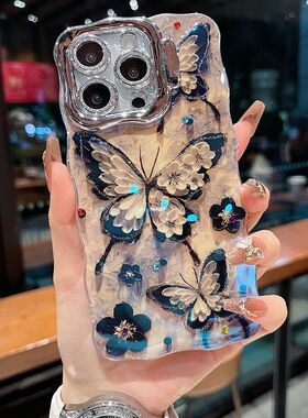 适用苹果系列iPhone16新款个性手机壳15pro14promax高级黑色蝴蝶13pro16promax隐形支架全包闪粉镜头膜保护套