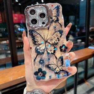 适用苹果系列iPhone16新款个性手机壳15pro14promax高级黑色蝴蝶13pro16promax隐形支架全包闪粉镜头膜保护套