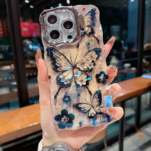 适用苹果系列iPhone16新款个性手机壳15pro14promax高级黑色蝴蝶13pro16promax隐形支架全包闪粉镜头膜保护套