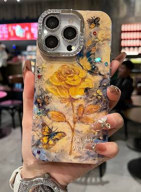 适用苹果系列iPhone16新款中国风手机壳15pro14promax油画黄玫瑰13pro16promax钻石镜框闪钻镜头膜网红保护套