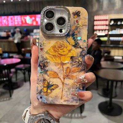 适用苹果系列iPhone16新款中国风手机壳15pro14promax油画黄玫瑰13pro16promax钻石镜框闪钻镜头膜网红保护套