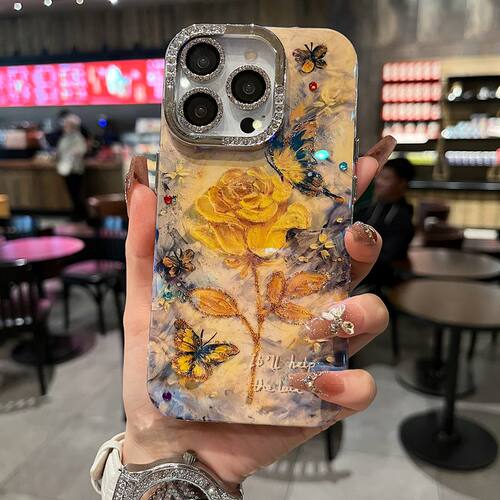 适用苹果系列iPhone16新款中国风手机壳15pro14promax油画黄玫瑰13pro16promax钻石镜框闪钻镜头膜网红保护套