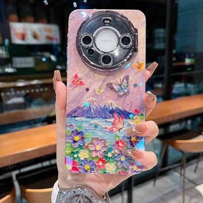 适用华为mate70系列苹果新款手机壳P70pro梦幻唯美油画月亮蝴蝶14pro15promax全包镜头膜翻盖支架时尚保护套