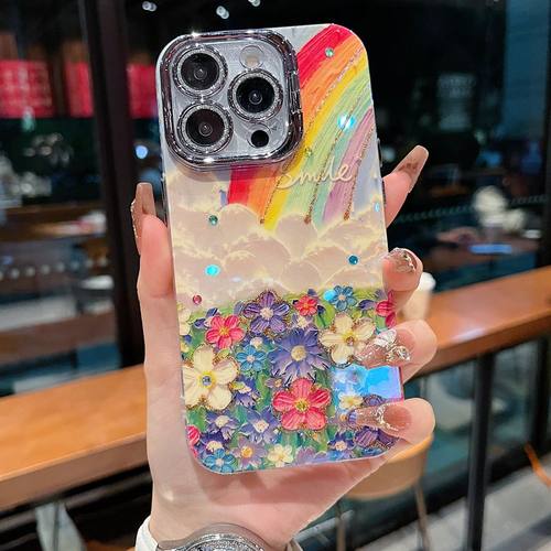 适用苹果系列iPhone16新款高级手机壳15pro16proamx油画彩虹花海手链13pro14promax银灰色闪粉镜头支架保护套