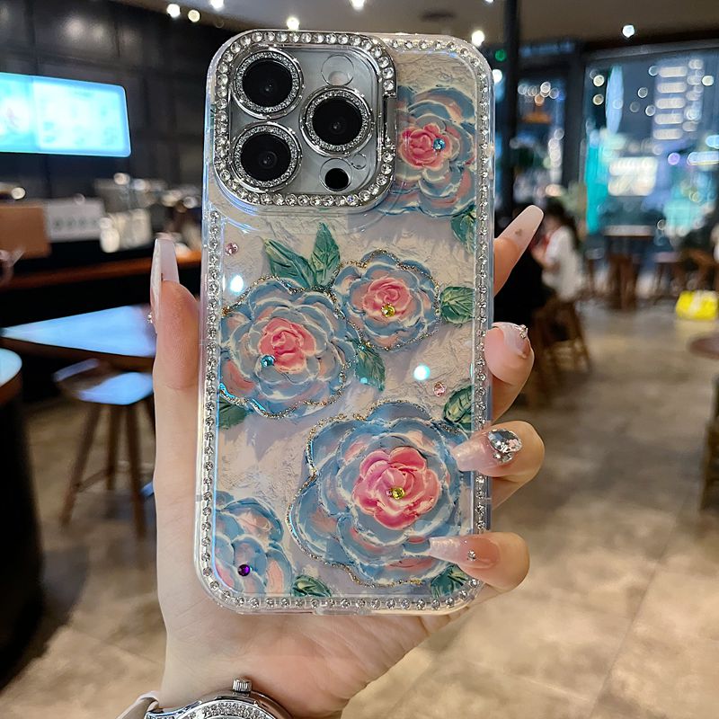 适用苹果系列iPhone16新款手机壳15pro14promax复古风蓝绿玫瑰花13pro16promax全包镜头膜钻框支架网红保护套