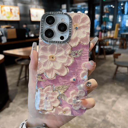 适用苹果系列iPhone16网红手机壳iphone15promax银色镜框优雅高级复古浅紫花14pro/13pro/12防摔新款保护套