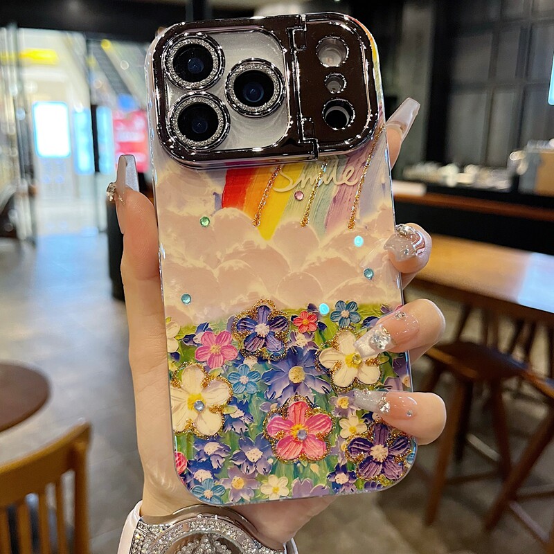 适用苹果系列iPhone 17新款手机壳16promax小众ins风油画彩虹花海14promax/15pro枪色精孔镜头支架网红保护套