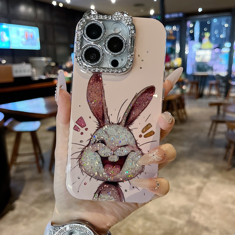 适用苹果系列iPhone16新款手机壳15/14promax时尚个性卡通开心粉兔13/16promax猫咪一体支架钻框镜头膜保护套