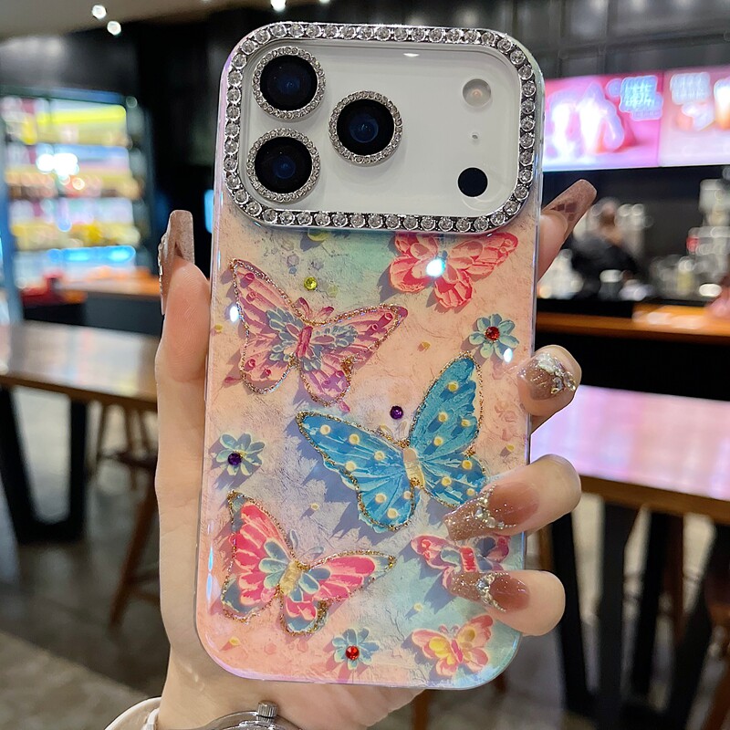 适用苹果系列iPhone17新款手机壳13pro/15promax个性彩色点点蝴蝶14pro/16promax满钻半包大孔防摔网红保护套