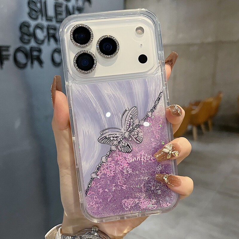 适用苹果系列iPhone17新款手机壳13promax15promax轻奢紫色蝴蝶流沙14promax16promax半包大孔透气时尚保护套