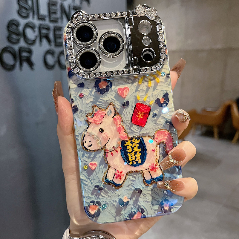适用苹果系列iPhone17新款手机壳14pro/16promax高级豹纹马上有钱13pro/15promax满钻猫咪支架镜网红框保护套