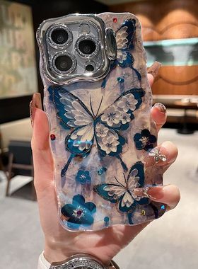 适用苹果系列iPhone16新款优雅手机壳15pro14promax高级黑色蝴蝶13pro16promax全包支架闪粉镜头膜网红保护套