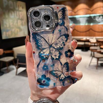 适用苹果系列iPhone16新款优雅手机壳15pro14promax高级黑色蝴蝶13pro16promax全包支架闪粉镜头膜网红保护套
