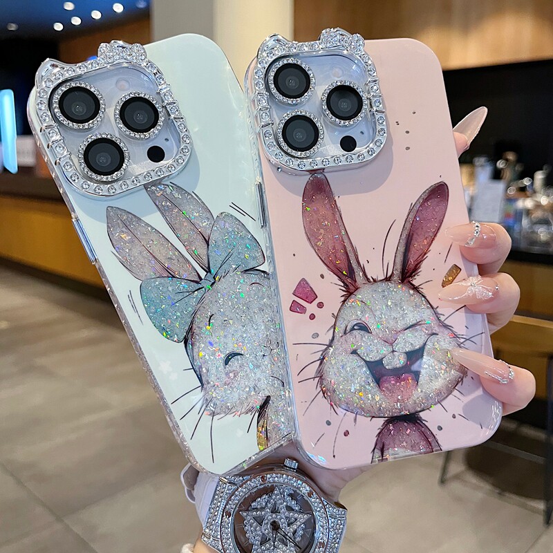 适用苹果系列iPhone16新款手机壳15/14promax文艺感卡通开心兔子13/16promax猫耳型满边钻框闪钻镜头膜保护套