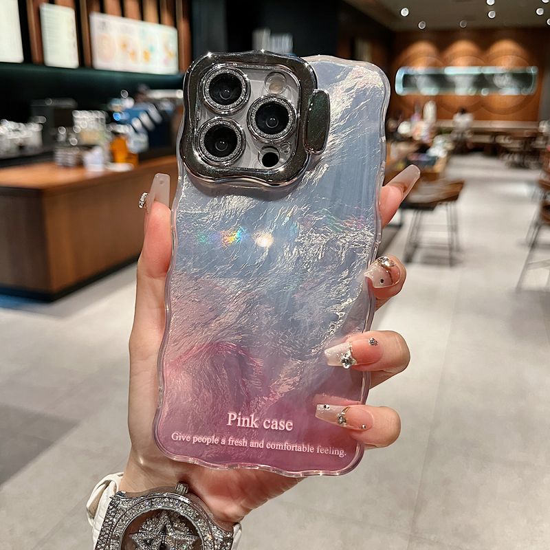 适用苹果华为系列iPhone16网红手机壳15promax/14promax简约粉色晕染英文隐形支架全包闪粉镜头膜新款保护套