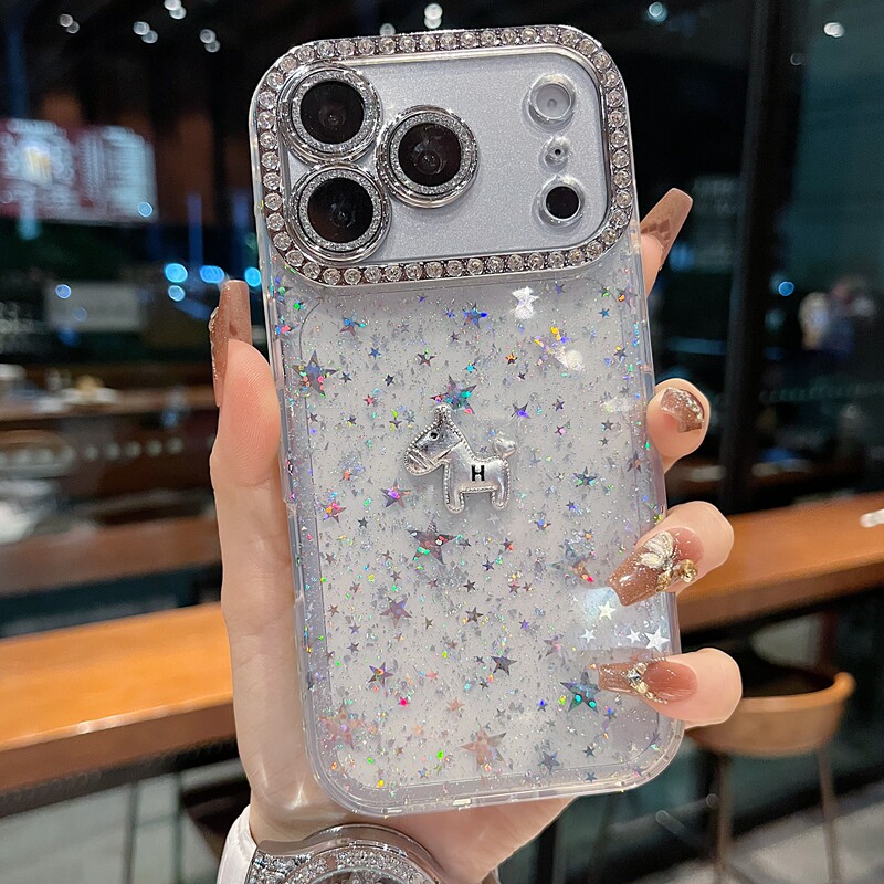 适用苹果系列iPhone17新款手机壳14pro/15promax创意爆闪星星小马13pro/16promax全包满钻精孔镜框时尚保护套