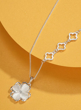 999足银天然猫眼石项链女四叶草吊坠轻奢简约高级感时尚秋冬项饰