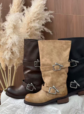 Meeigeec.Q厚底长靴女2025秋冬新款百搭西部牛仔靴时尚骑士靴