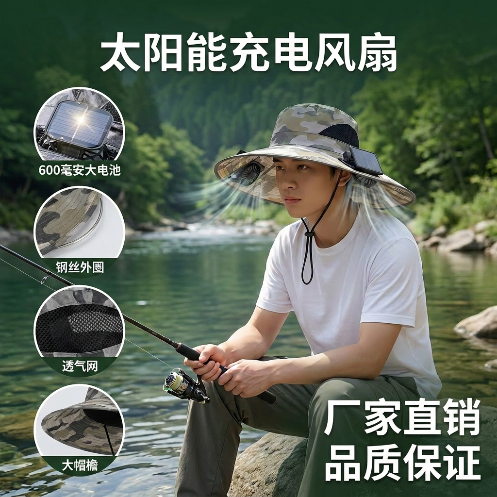 太阳能风扇帽渔夫帽防晒帽