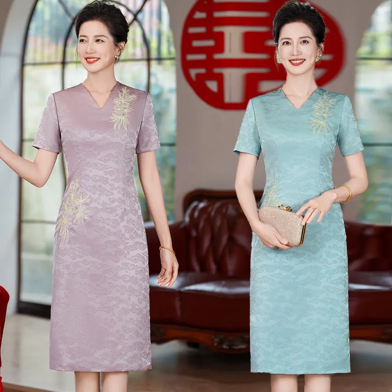 2025春夏新款中国风宋锦提花绣花中长款复古旗袍女装改良修身显瘦