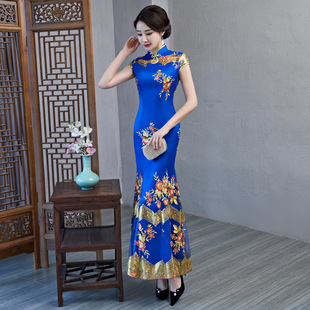 走秀旗袍女2024新款改良大码修身鱼尾礼仪蕾丝舞台演出旗袍连衣裙