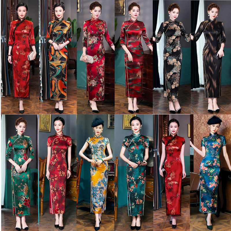 秋季上档次风中长袖桑蚕丝旗袍裙