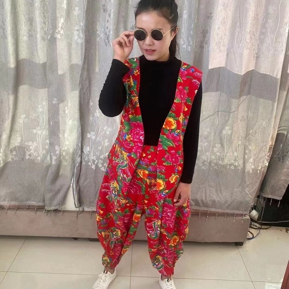 抖音从小卖蒸馍东北大花布印花马甲灯笼裤套装秧歌服结婚舞台演出
