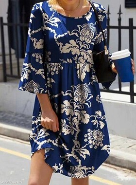 2023 Women's Summer Loose Casual Dress印花大摆收腰宽松连衣裙