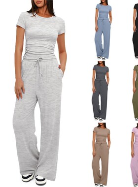 Women 2 Piece Tracksuit Sets Short Sleeve Top Wide Leg Pants