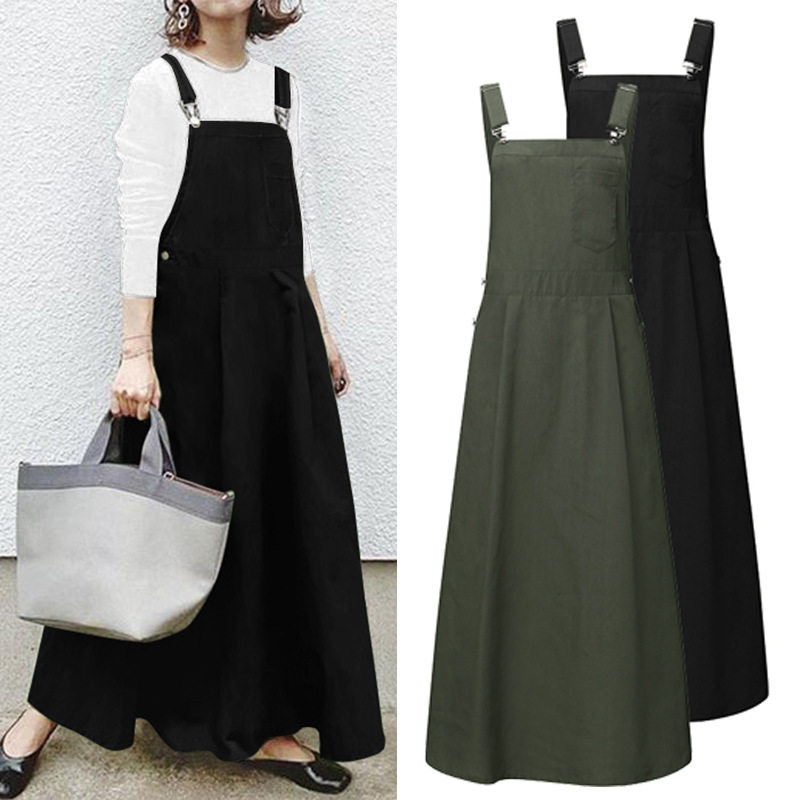 2021 Women's Pure Color Casual Long Sling Skirt大码女背带裙