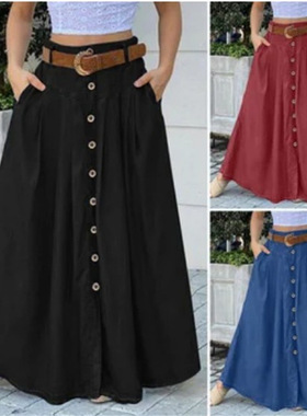 plus size skirts for women long skirt 纽扣高腰大码休闲半身裙