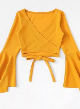 long-sleeved blouse V-neck shirt t ops women 长袖T恤V领上衣