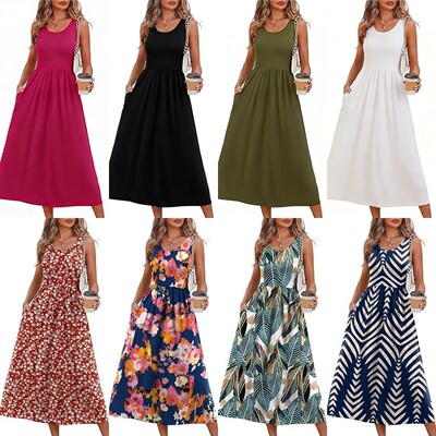 夏季印花大摆无袖背心口袋连衣裙