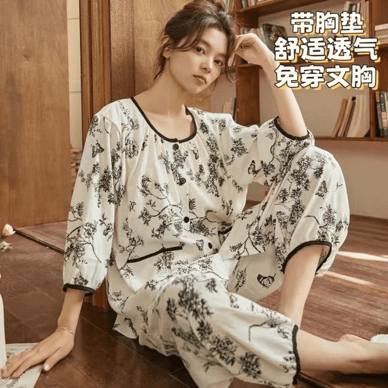 新款睡衣女士春夏季七分袖九分裤清新甜美舒适套装夏天薄款家居服