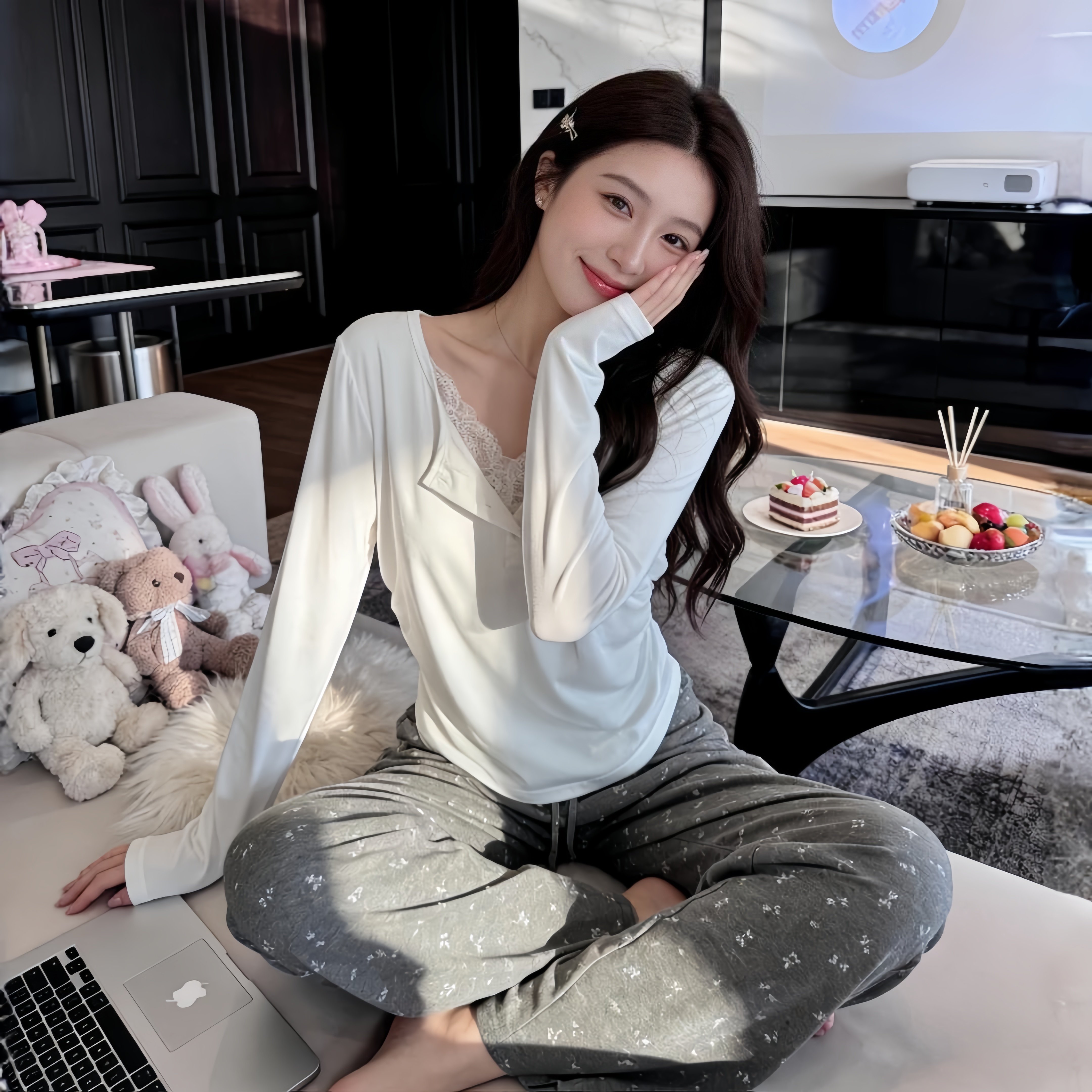 2026新款秋季睡衣女莫代尔长袖纯欲蕾丝纯色家居服可外穿带胸垫