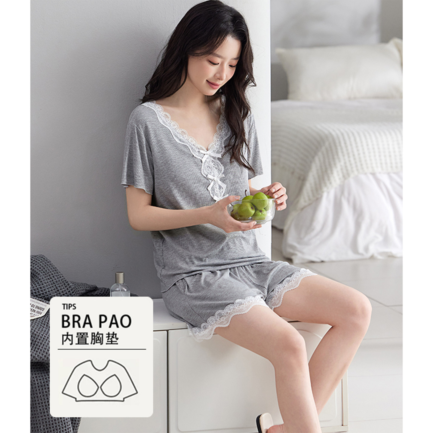 夏季薄款带胸垫V领睡衣女士短袖短裤显瘦性感纯欲居家服两件套装
