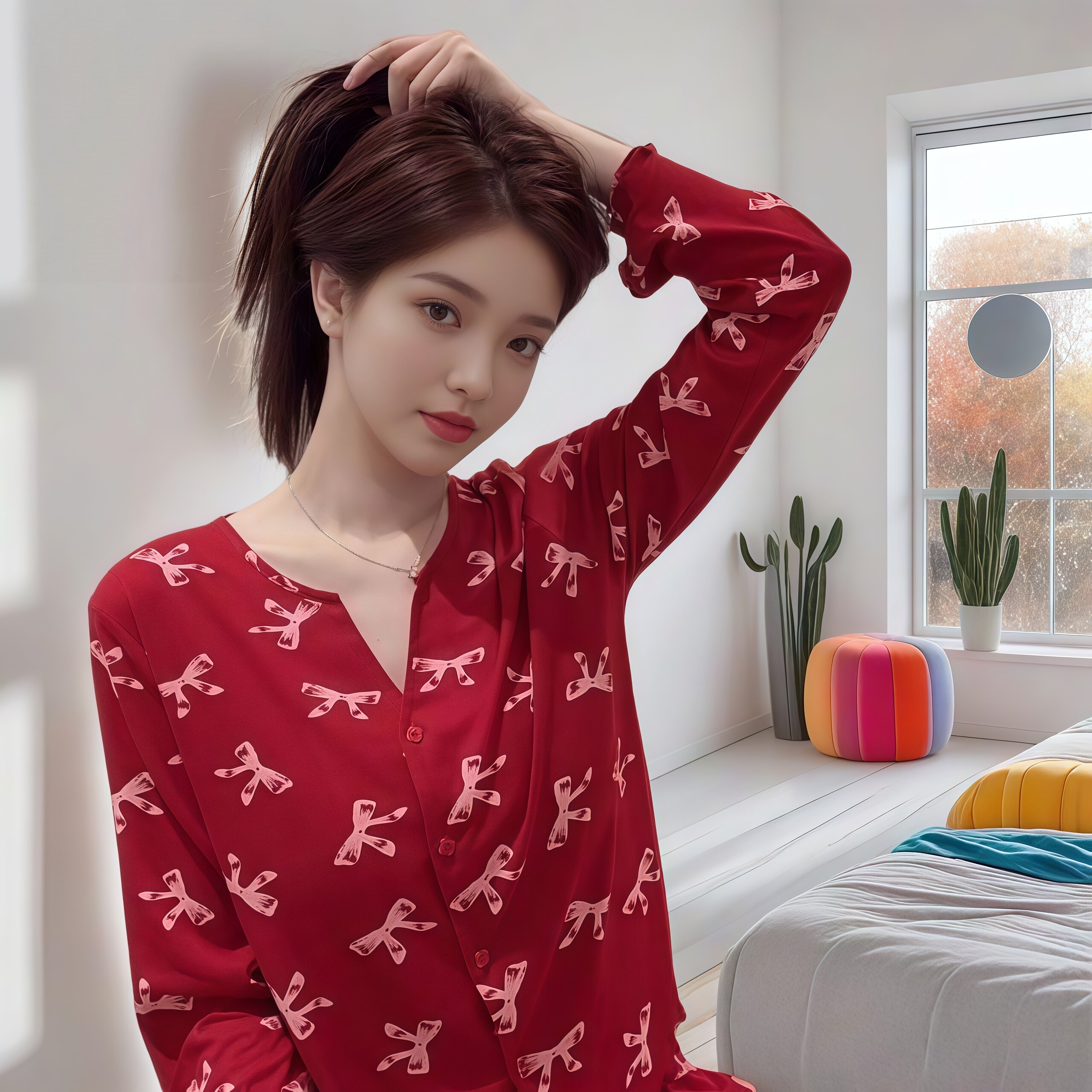 新款甜美风休闲显瘦睡衣女士春秋长袖长裤家居服蝴蝶结套装可外穿