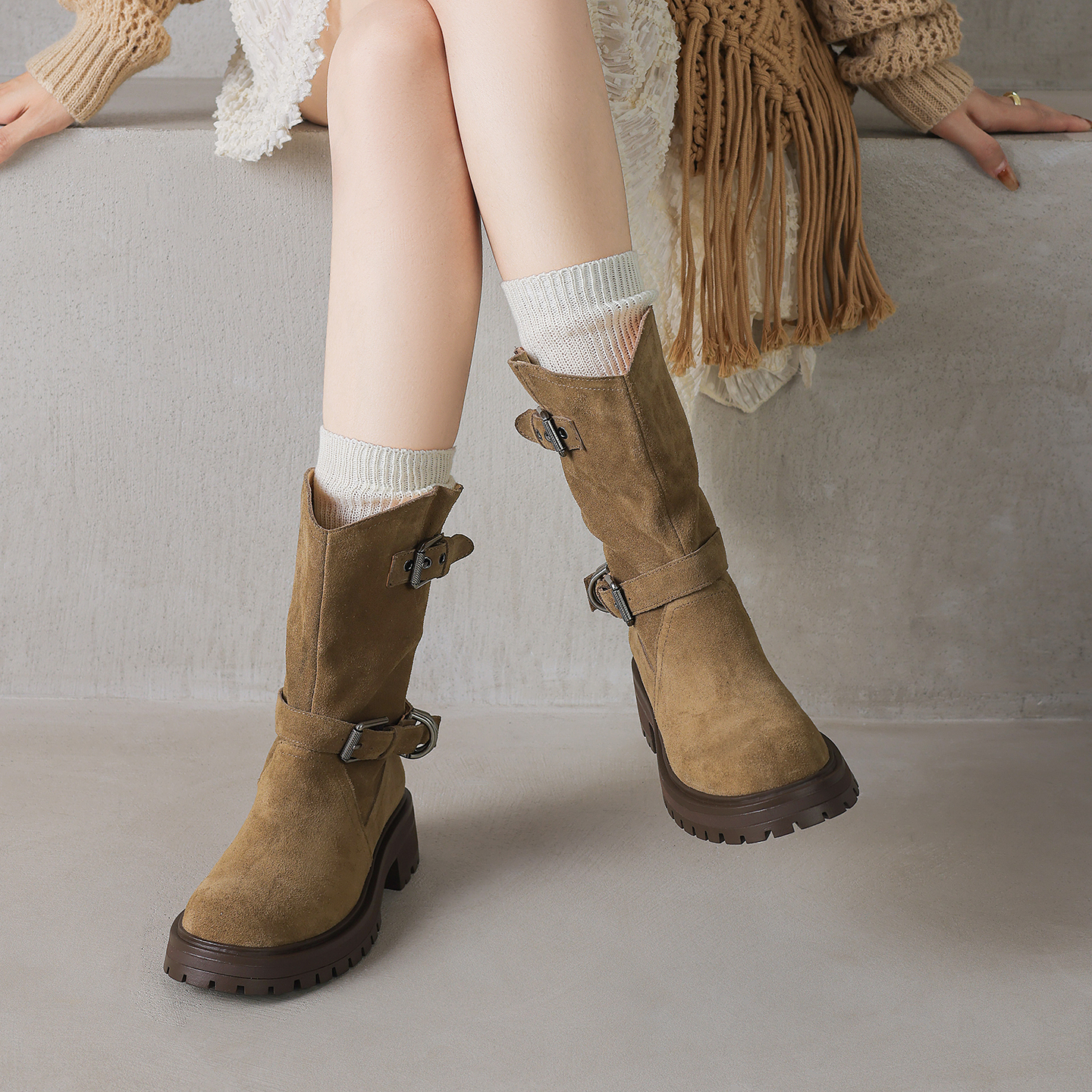 皮带扣中筒靴百搭大码骑士靴4142